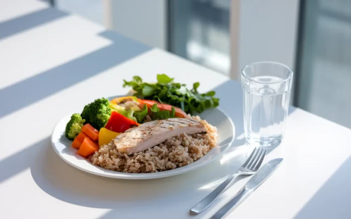 A balanced meal showcasing the rice method for weight loss with brown rice, vegetables, and lean protein