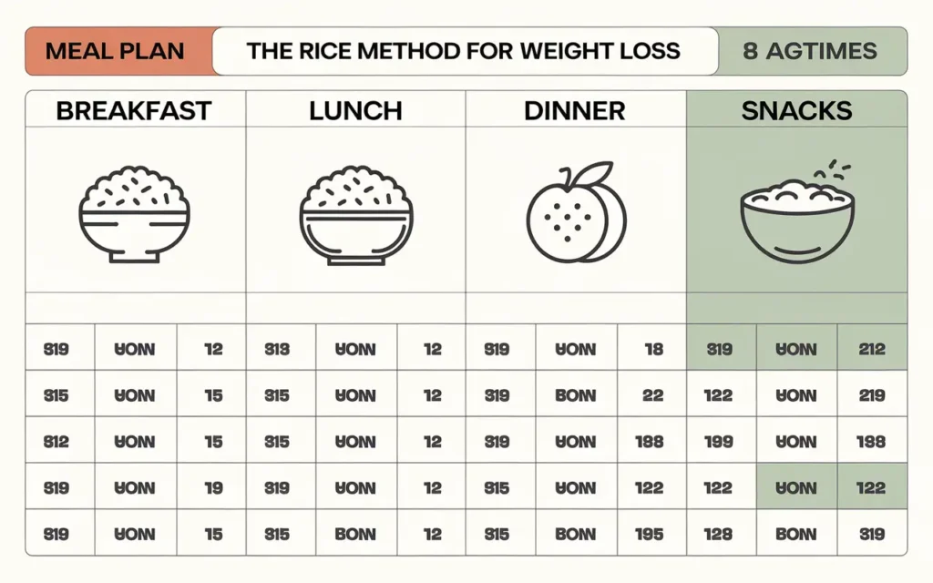 Sample meal plan for the rice method for weight loss, including breakfast, lunch, dinner, and snacks