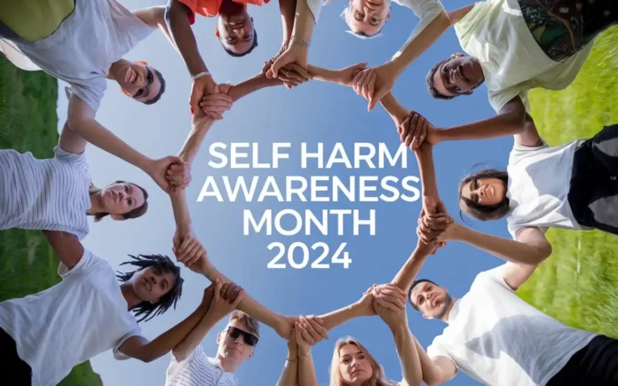 Self Harm Awareness Month 2024 banner with supportive community image