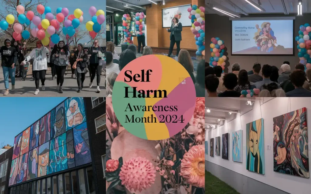 Self Harm Awareness Month 2024 initiatives and events collage 