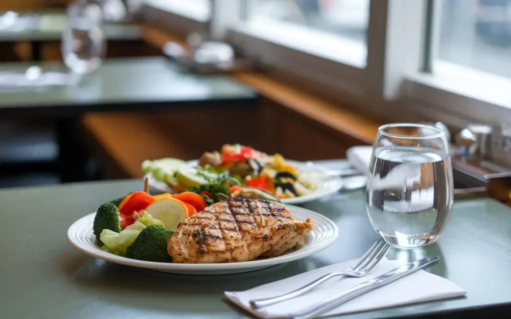 Healthy meal options in a restaurant during travel