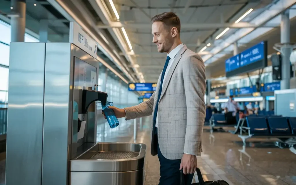 Business traveler refilling a water bottle at an airport