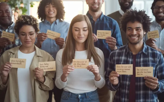 People sharing supportive messages with a suicide prevention slogan background