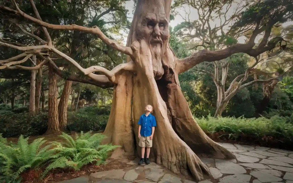 Illustrated dialogue between the boy and "the tree who set healthy boundaries," showing a respectful conversation.
