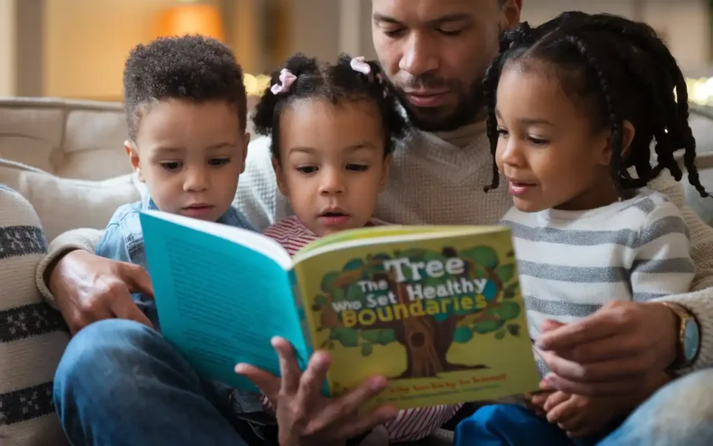 Parents reading "the tree who set healthy boundaries" with children