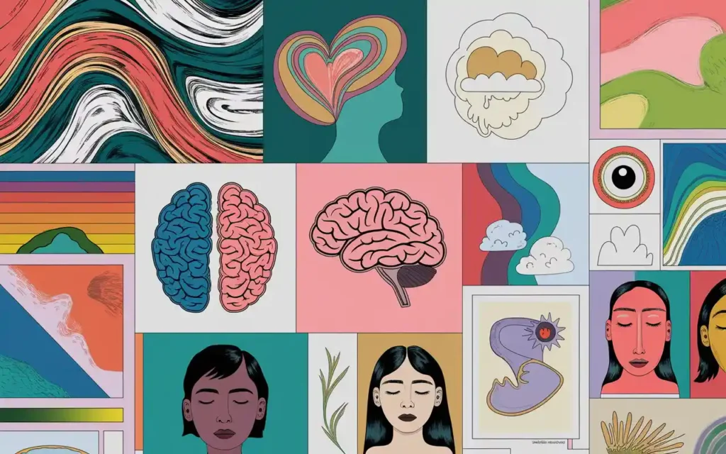 Various types of mental health awareness drawings in vibrant styles