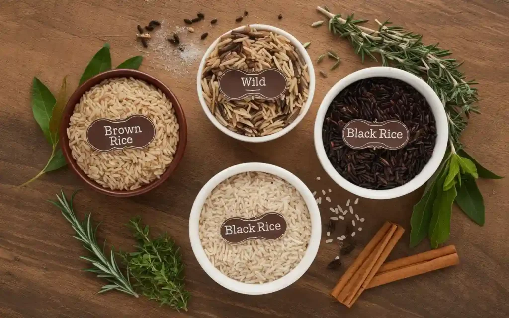 Different types of rice suitable for weight loss, including brown rice, wild rice, and black rice