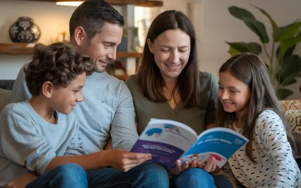 A family reading a mental health pamphlet together