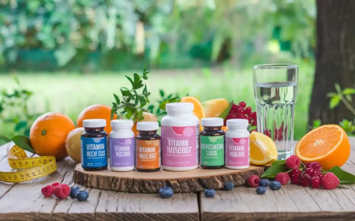 Vitamins for weight loss for females displayed on a wooden table.