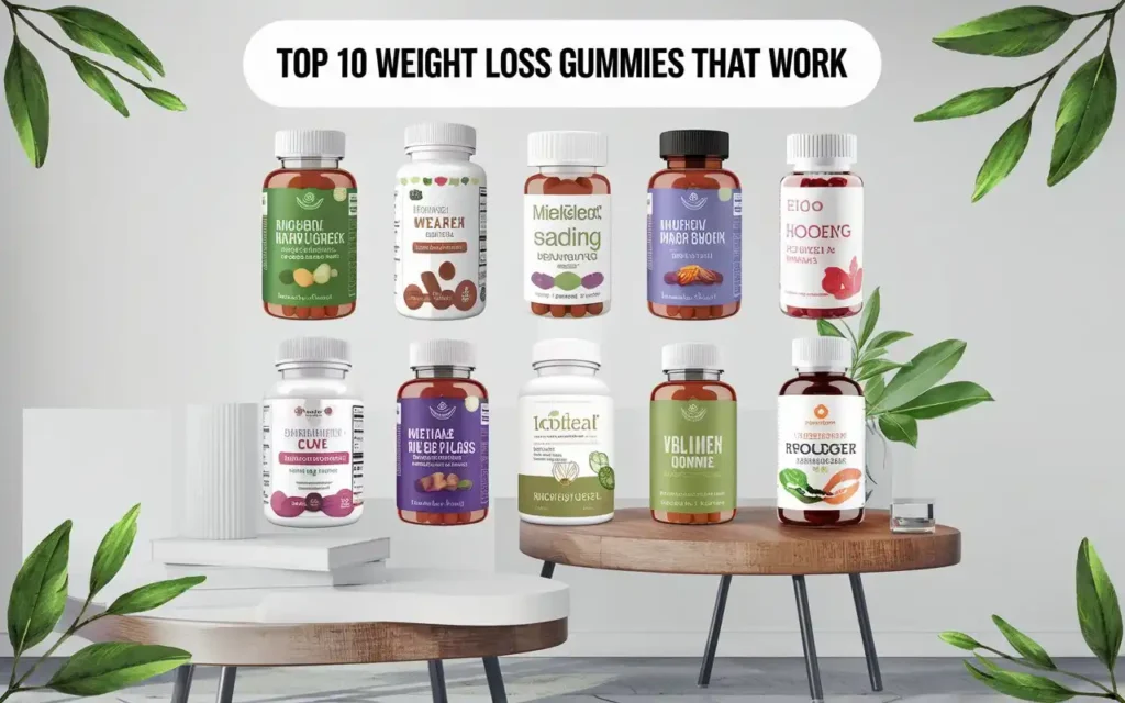 Top 10 weight loss gummies that work displayed on a table.
