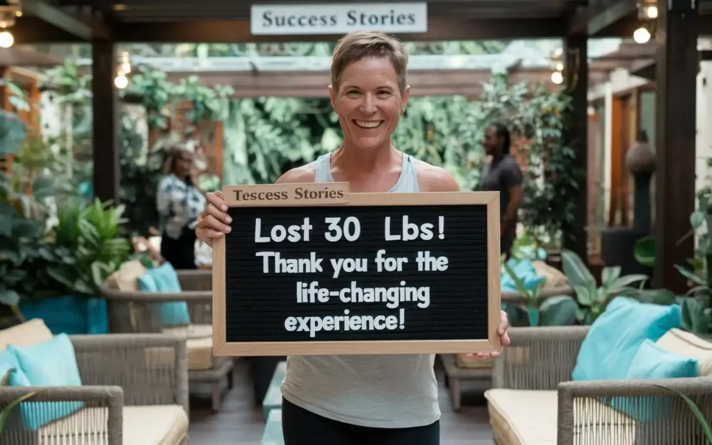 Happy participant sharing weight loss retreat success