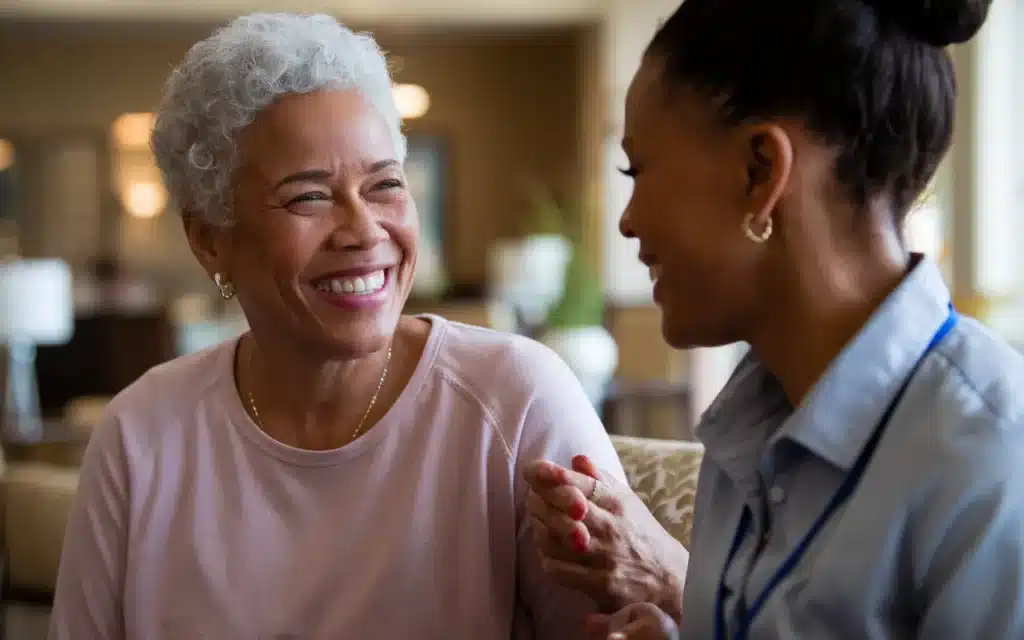 Resident and staff member in a friendly interaction at Westview Healthy Living