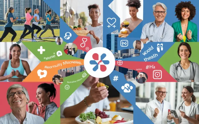 Creative World Health Day social media post with diverse individuals promoting health awareness