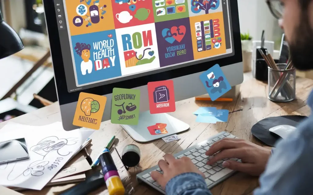 Designer crafting engaging visuals for World Health Day social media posts