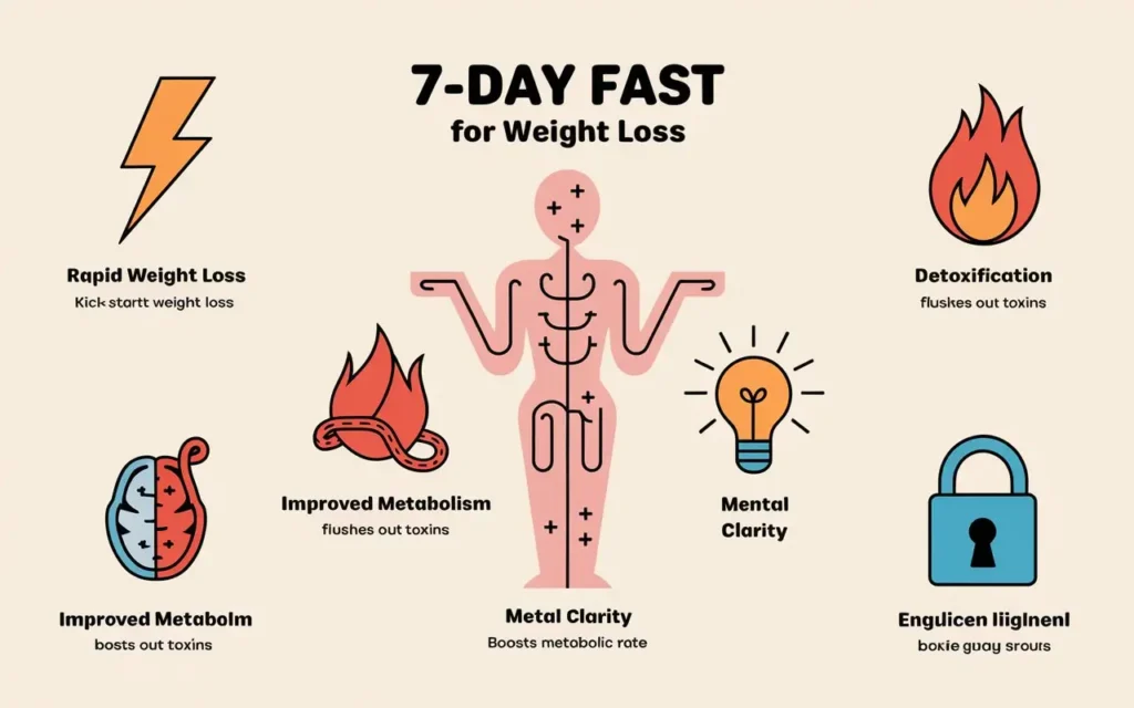 Visual representation of the benefits of 7 day fast weight loss results, including rapid weight loss and improved metabolism