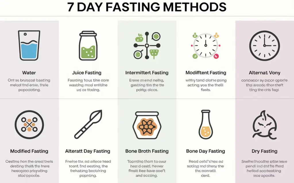 Different types of 7 day fasting methods for weight loss results, including water fasting and juice fasting