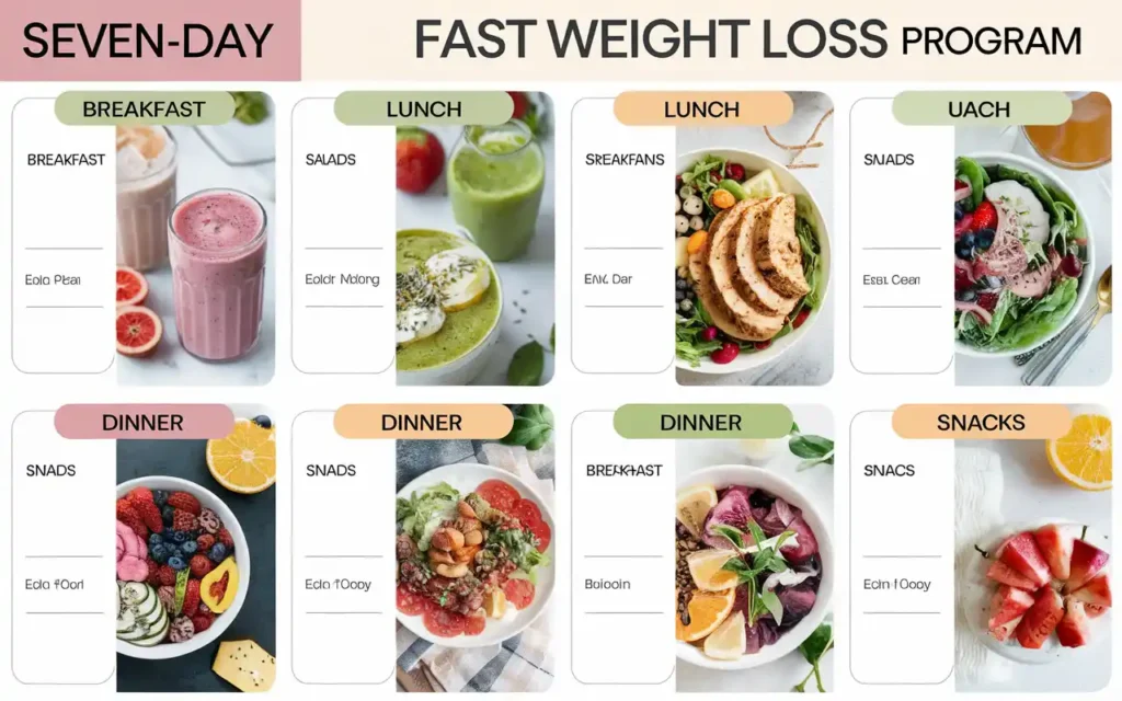 Sample meal plan for achieving 7 day fast weight loss results, featuring healthy meals and snacks