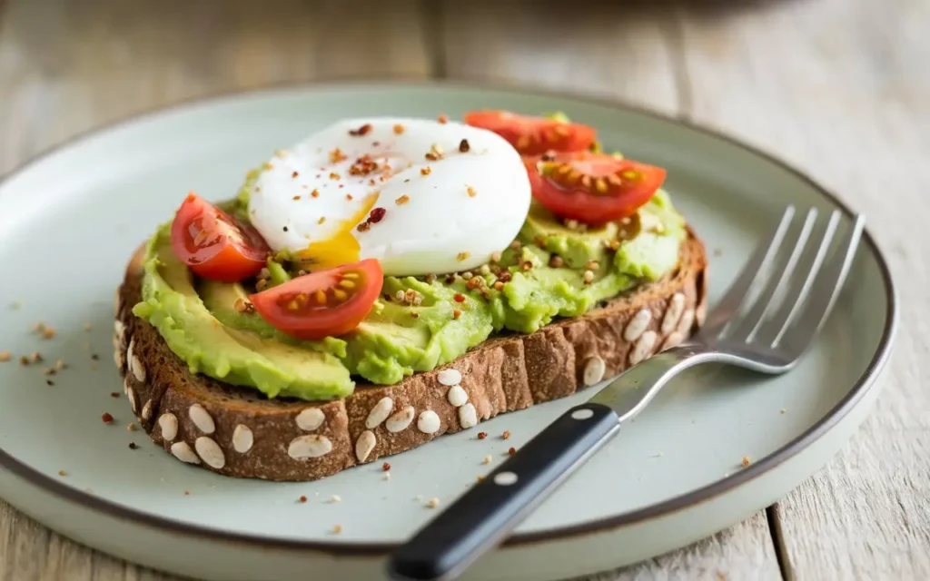 A slice of whole-grain toast topped with mashed avocado, cherry tomatoes, and a poached egg, representing one of the 8 healthy breakfast ideas for weight loss.

