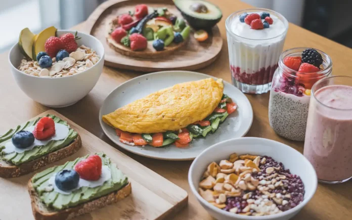 A vibrant assortment of 8 healthy breakfast ideas for weight loss including oats, omelette, yogurt parfait, smoothie bowl, avocado toast, chia pudding, protein smoothie, and quinoa bowl.