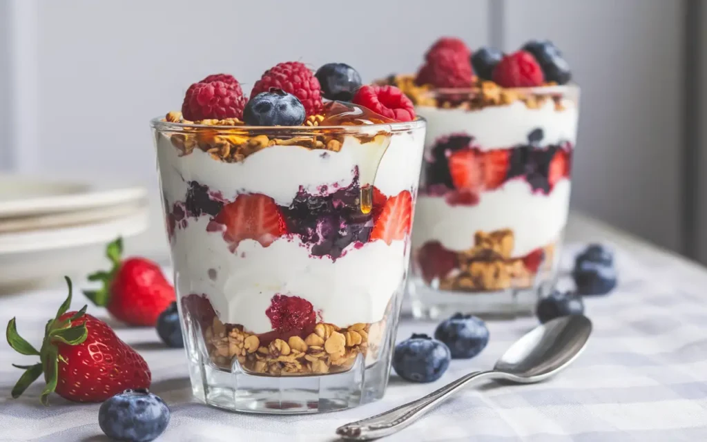 A layered Greek yogurt parfait with berries, granola, and honey, representing one of the 8 healthy breakfast ideas for weight loss.

