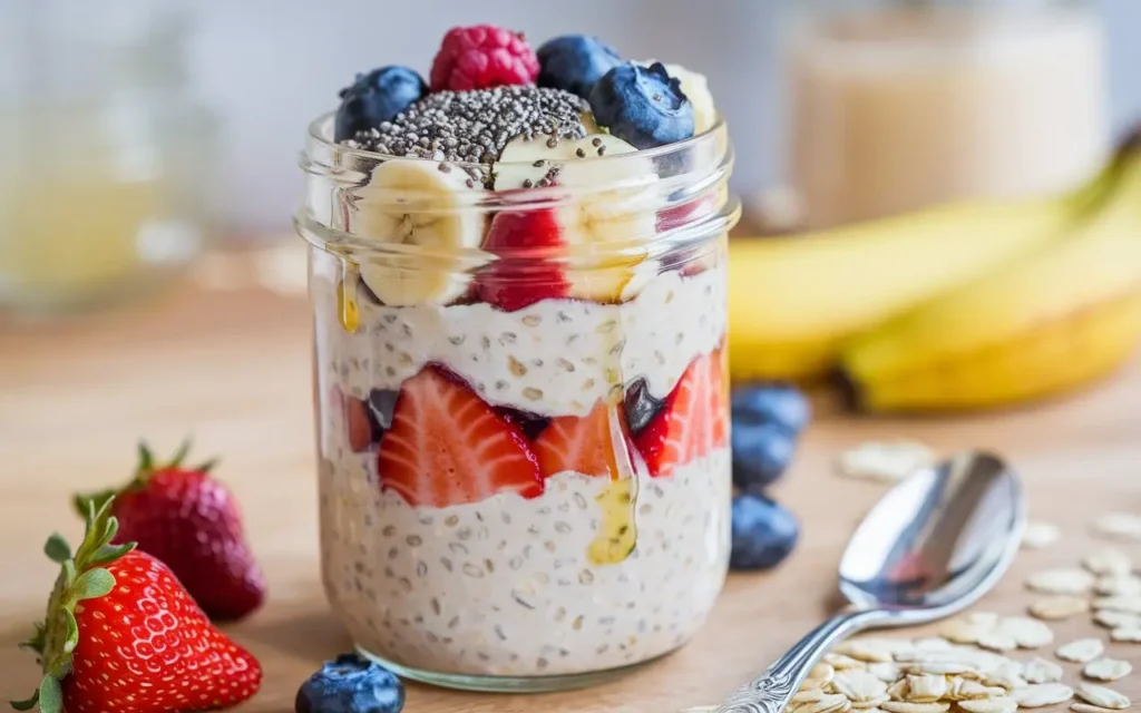 A jar of overnight oats with fresh fruits, representing one of the 8 healthy breakfast ideas for weight loss.

