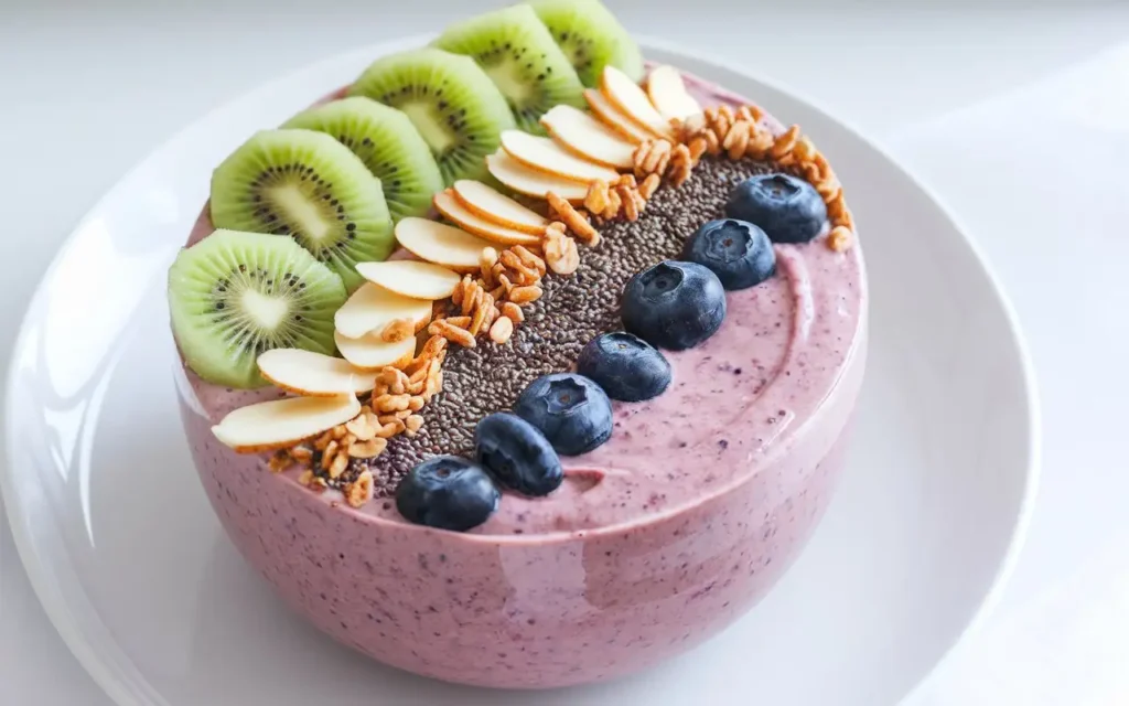 A vibrant smoothie bowl topped with fresh fruits, nuts, and seeds, showcasing one of the 8 healthy breakfast ideas for weight loss.

