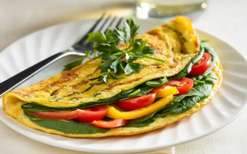 A fluffy vegetable omelette with spinach, tomatoes, and bell peppers, showcasing one of the 8 healthy breakfast ideas for weight loss