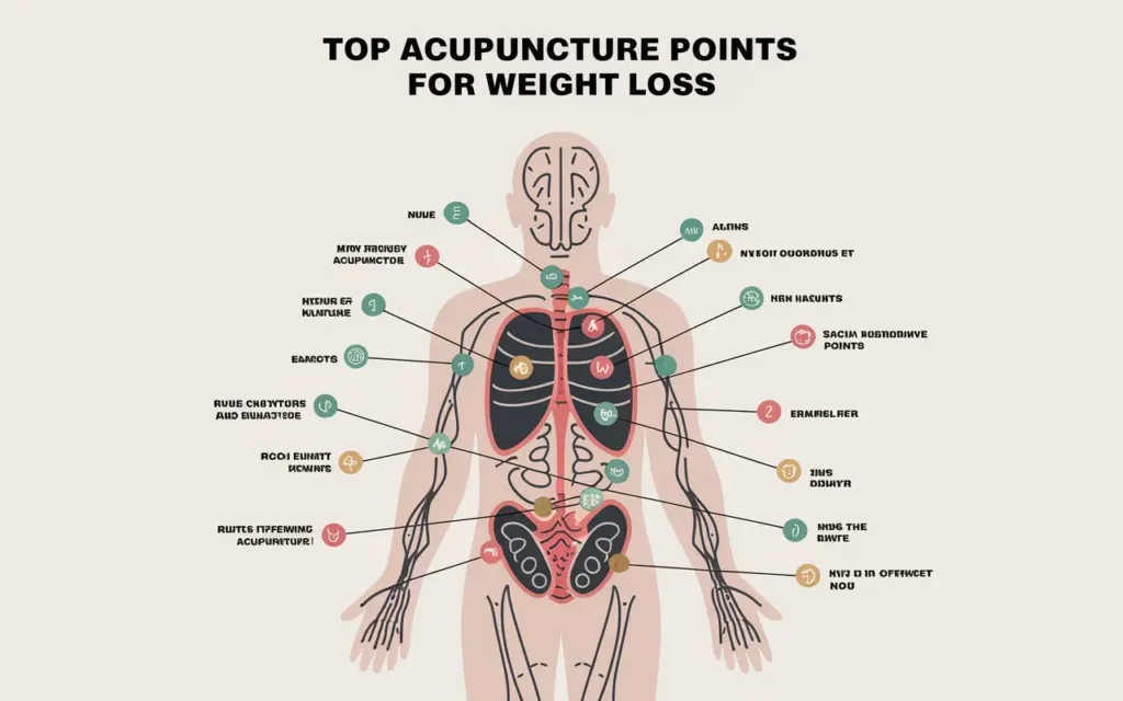 Top acupuncture points for weight loss on a body diagram