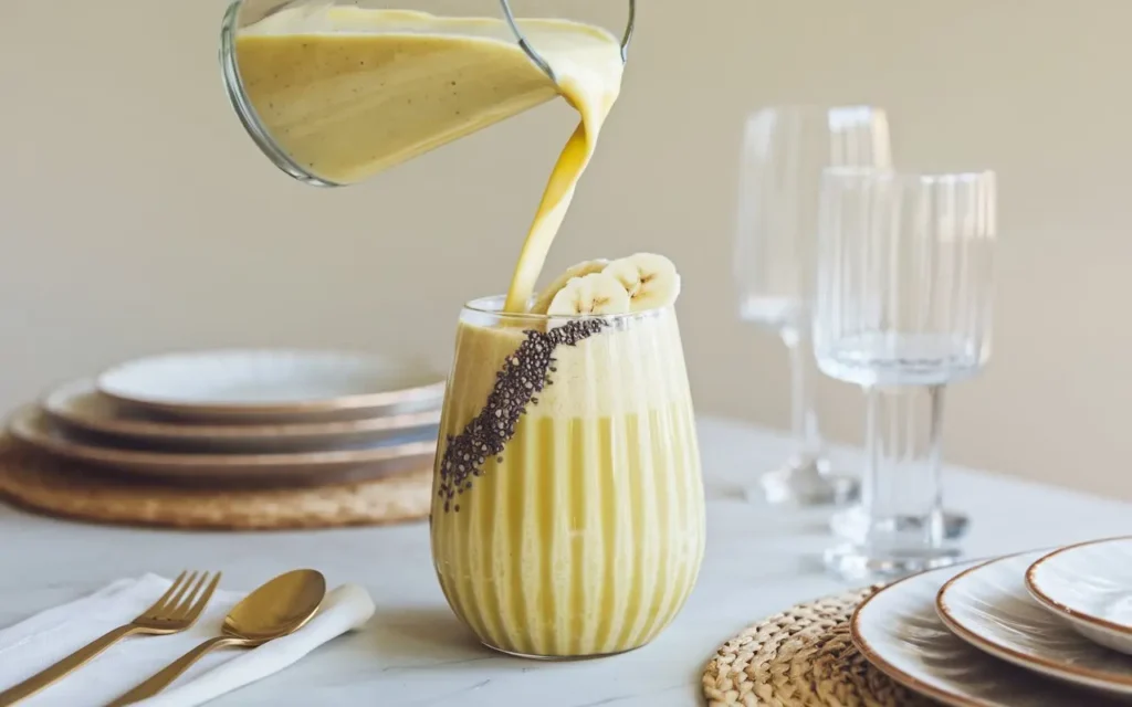 Serving banana smoothie for weight loss in a stylish glass with a garnish