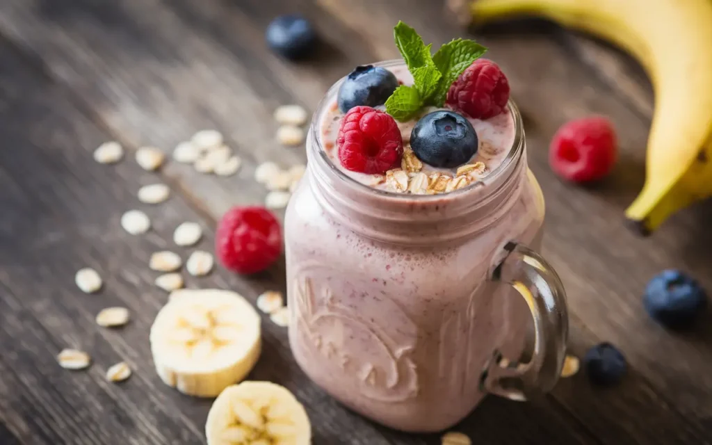 Berry banana oatmeal smoothie for weight loss served in a mason jar with berries on the side.