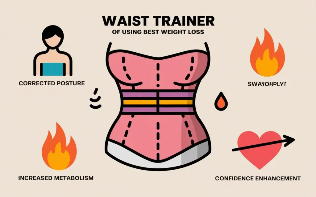 Visual representation of the benefits of the best waist trainer for weight loss, including posture improvement and increased perspiration
