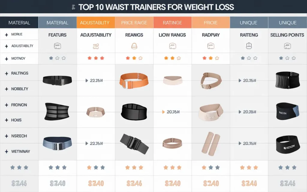 Comparison chart of the best waist trainer for weight loss showing different models and features