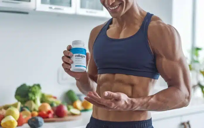 A fit individual holding a collagen supplement bottle to illustrate collagen weight loss.