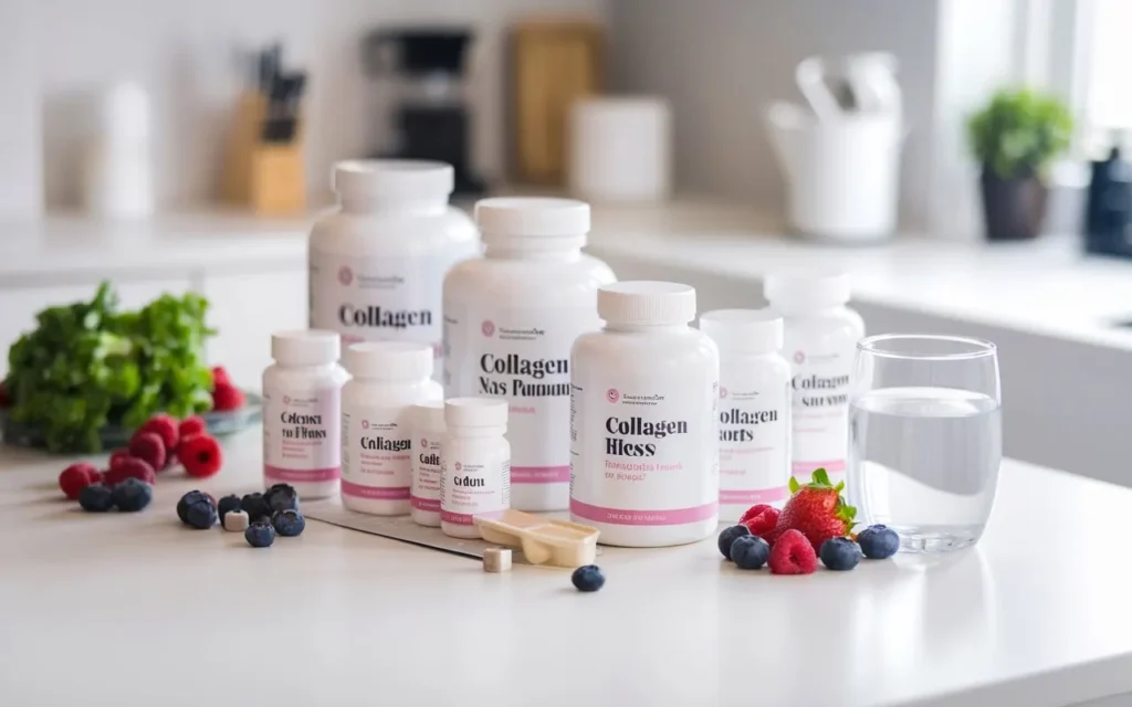 Various collagen weight loss supplements arranged neatly on a kitchen counter.