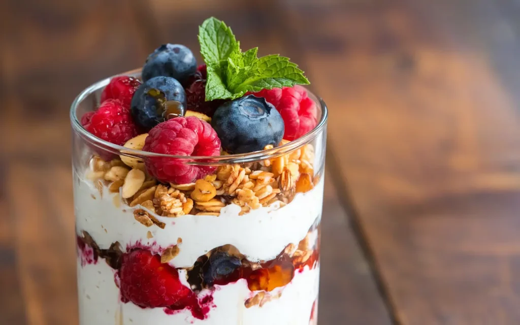 Healthy cottage cheese breakfast parfait with berries and granola