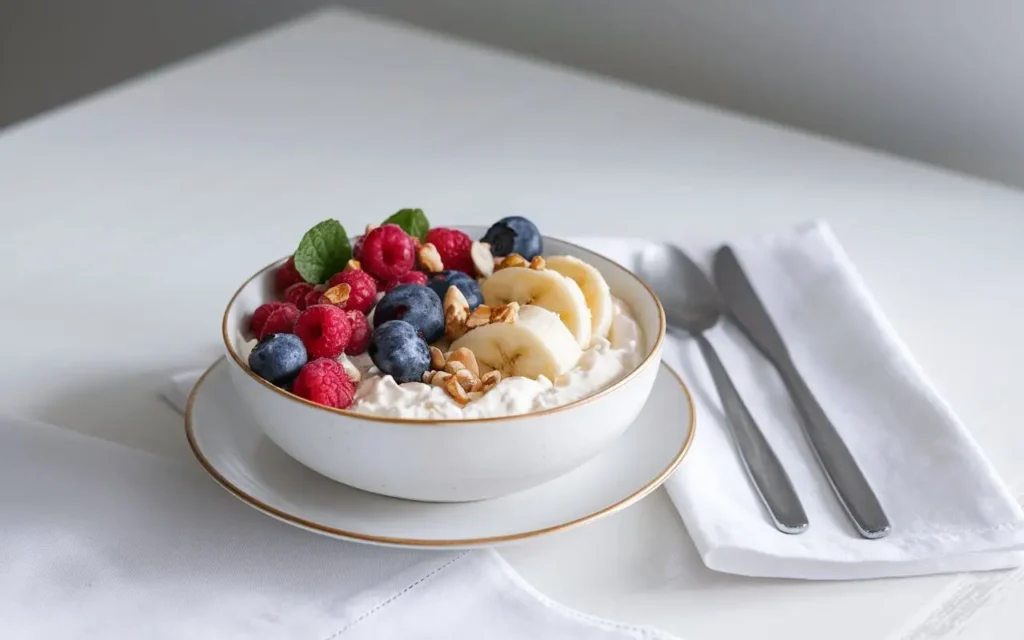 Cottage cheese bowl with fresh fruits and nuts for weight loss