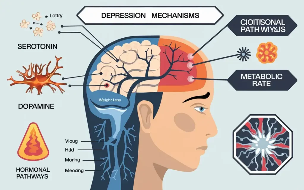 Illustration of biological mechanisms affecting depression and weight loss