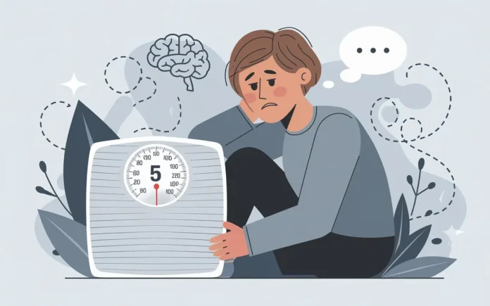 Illustration depicting depression and weight loss with a person feeling down and a scale showing weight changes