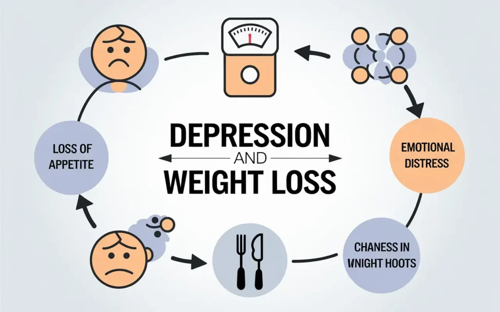 Diagram illustrating the psychological link between depression and weight loss.