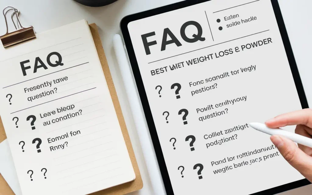 Frequently asked questions about the best weight loss powder displayed on a notepad