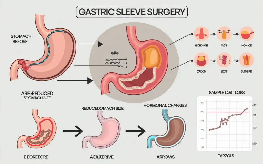 Illustration explaining gastric sleeve surgery and its impact on weight loss chart