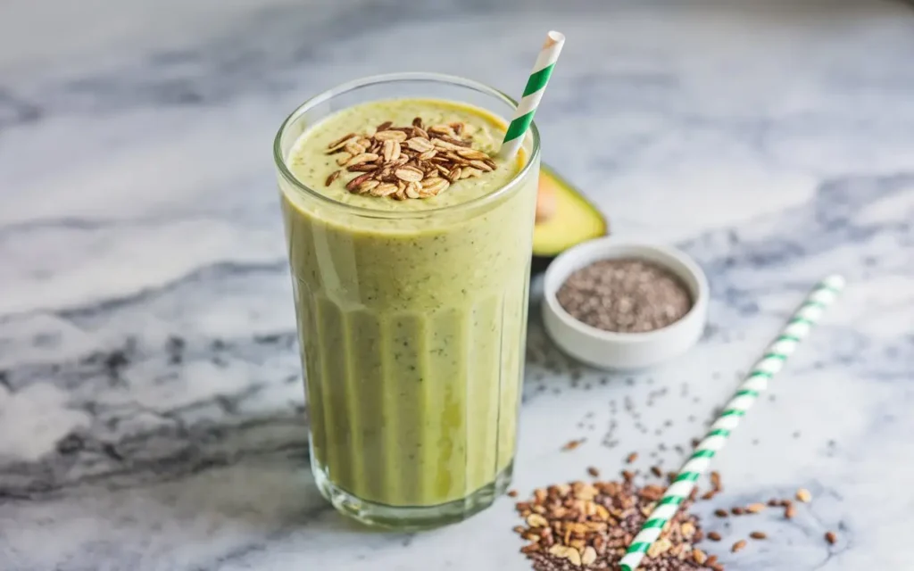 Green protein oatmeal smoothie for weight loss with spinach and avocado.