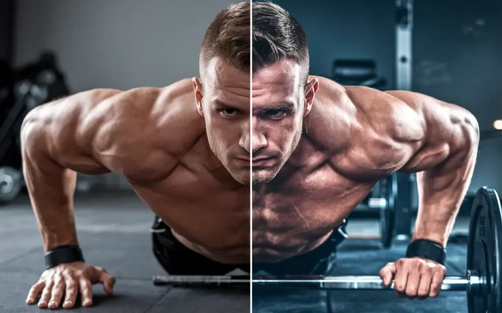 Man performing chest exercises for gynecomastia reduction before and after weight loss