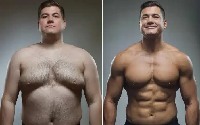 Gyno before and after weight loss transformation showing improved chest appearance