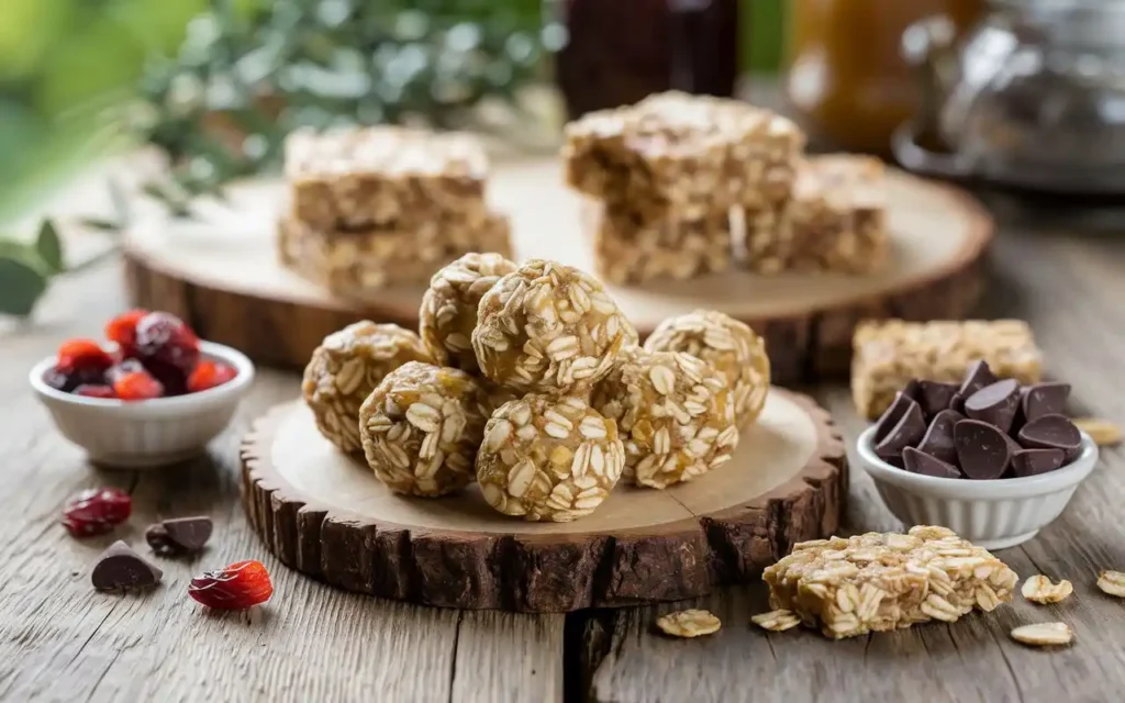 Assorted healthy oat snacks for weight loss on a wooden table