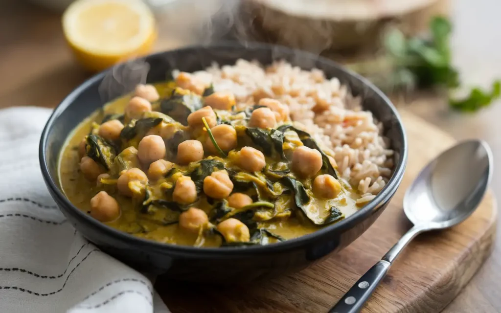 A hearty chickpea and spinach curry from healthy vegetarian recipes for weight loss.
