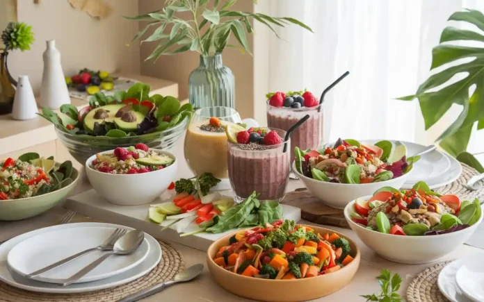 A vibrant assortment of healthy vegetarian recipes for weight loss displayed on a wooden table.