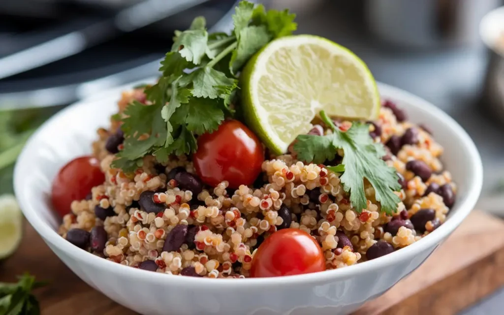 A nutritious quinoa and black bean salad, part of healthy vegetarian recipes for weight loss.
