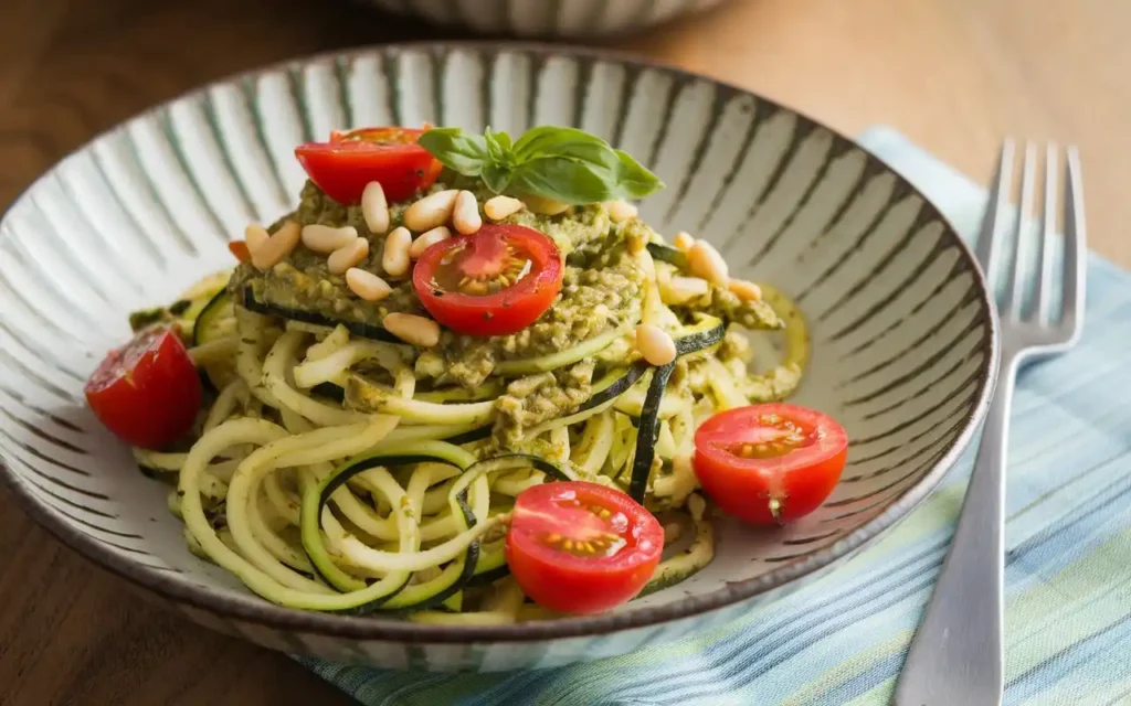 Zucchini noodles with pesto, a healthy vegetarian recipe for weight loss.
