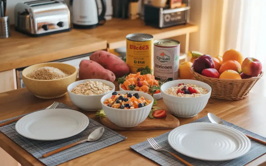 Healthy high carb foods for weight loss displayed on a table
